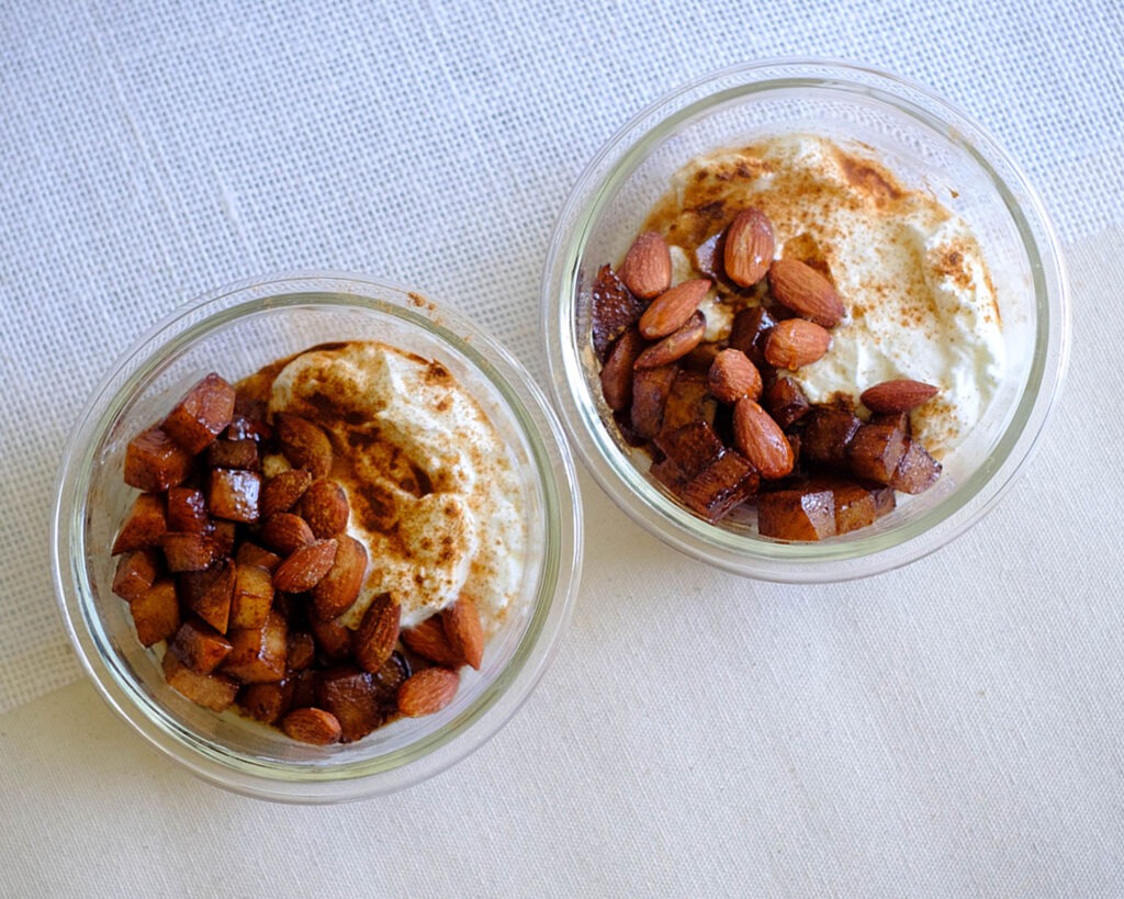yogurt with balsamic glazed pears and almonds